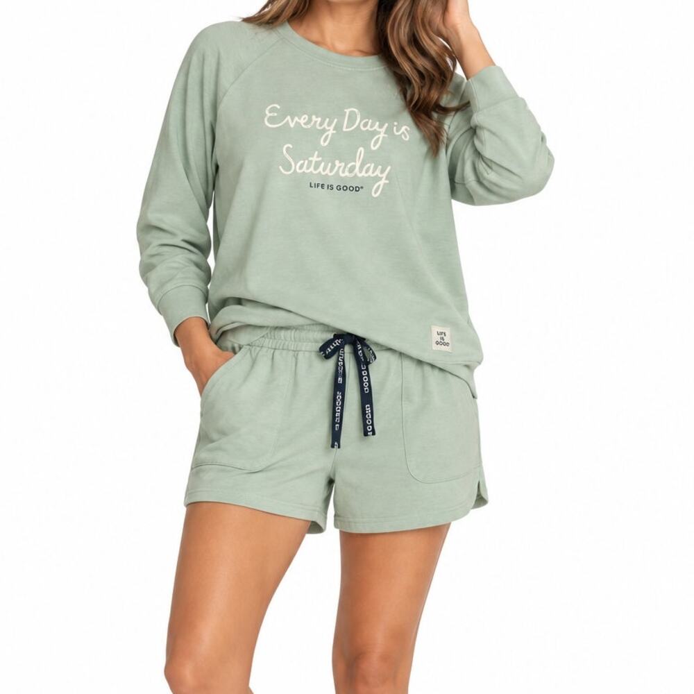 Life Is Good Every Day Is Saturday Sweatshirt + Shorts Lounge Set Green Size XL